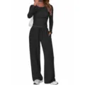 Black long sleeve crop top and wide leg pants lounge set casual two piece outfit for women - S / Top And Bottom / Black