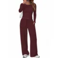 Women burgundy long sleeve crewneck top wide leg pants lounge set casual two piece outfit - S / Top And Bottom / Burgundy
