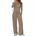 Women's Casual Two-Piece Lounge Set Long Sleeve Crewneck Top and Wide Leg Pants Khaki - S / Top And Bottom / Khaki