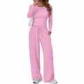 Pink long sleeve crop top and wide leg pants lounge set for women comfy casual two piece outfit - S / Top And Bottom / Light Pink