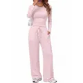 Pink white striped long sleeve top wide leg pants lounge set casual two piece outfit - S / Top And Bottom / Pink And White Striped