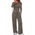 Casual striped two-piece set with crewneck long sleeve top and wide leg pants for women. - S / Top And Bottom / Coffee With Black Striped
