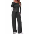Black grey striped long sleeve top and wide leg pants loungewear set for women variant. - S / Top And Bottom / Gray With Black Striped