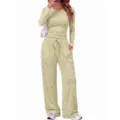 Women striped long sleeve top and wide leg pants loungewear two piece set casual outfit - S / Top And Bottom / Yellow With Gray Striped
