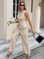 Gestreiftes ärmelloses Oberteil und High Waist wijde Hose Set detailansicht, chique kantooroutfit. - S / Oberteil Und Unterteil / Khaki