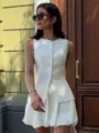 Ärmellose Knopfleiste Weste und Ballonrock Zweiteiler, elegante Freizeitkleidung Sommer. - S / Oberteil Und Unterteil / Weiß