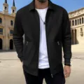 Herren Waffelstrick Reißverschluss Revers Jacke Detailansicht, einfarbige Streetwear. - S / Oberteile / Schwarz
