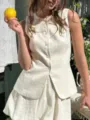 Beige Leinen ärmellose einreihige Weste und passender Rock Set Detailansicht Sommer. - S / Oberteil Und Unterteil / Aprikose