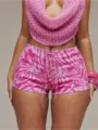 Pink tie-dye lace-up high-waisted shorts detail showing stylish summer sexy streetwear appeal. - S / Bottoms / Rose Red