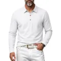 Herren Langarm Leinen Polo Shirt Freizeit Revers drei Knöpfe Henley Oberteil Detail - S / Oberteile / Weiß