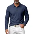 Men's long sleeve polo shirt, linen texture casual henley top with lapel and button closure. - Navy Blue