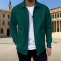Men's waffle knit solid lapel full-zip jacket with side pockets for autumn casual daily wear - Dark Green
