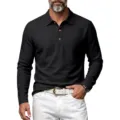 Herren Langarm Leinen Textur Polo Shirt Freizeit Hemd mit Knöpfen Detailansicht Ansicht - S / Oberteile / Schwarz