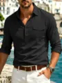 Camicia di lino manica lunga uomo polo casual slim fit bottoni risvolto tasca top elegante - Taglia M / Top / Nero