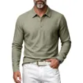 Men's long sleeve polo shirt linen texture lapel casual henley shirt in olive green. - Army Green