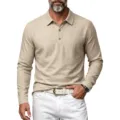 Detailansicht des Herren Langarm Polohemds mit Leinenstruktur, Revers und drei Knöpfen. - S / Oberteile / Khaki