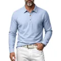 Hellblaues Herren Langarm Poloshirt mit Leinenstruktur und klassischem Reverskragen. - S / Oberteile / Hellblau