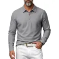 Men's long sleeve linen texture polo shirt lapel casual top for everyday wear and style. - Dark Gray