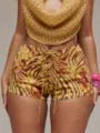 Women crochet cowl neck top and lace-up high waist animal print sexy shorts set. - S / Bottoms / Caramel color