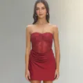 Sleeveless strapless lace corset draped mini dress women main view fashion elegant apparel - S / Burgundy