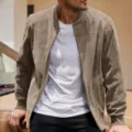 Mens suede bomber jacket casual autumn winter long sleeve zip up outerwear top daily wear - Tan