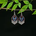 Retro ethnic style alloy drop earrings detail, featuring blue enamel floral pattern and tassels. - Lotus Enamel Tassel Earrings (E5100-3) / Red Blue Silver