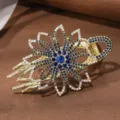 Elegant rhinestone flower hair claw clip, gold alloy blue crystal duckbill hair accessory for women. - EP23-1 Gray Blue