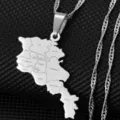 Stainless steel Armenia map pendant necklace with detailed region engraving for men and women. - Silver Armenia