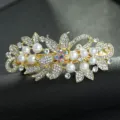 Elegant pearl rhinestone hairpin gold floral barrette hair clip for women styling accessory - Gold White
