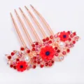 Red rhinestone floral 5-tooth hair comb rose gold alloy hair accessory for women styling - Red