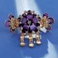 Vintage tassel hair claw clip with purple flowers and rhinestones for elegant hairstyles. - Five-Petal Flower Hair Claw / Purple