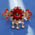 Retro red rhinestone flower hair claw clip with elegant metal tassels for women updo styling. - Five-Petal Flower Hair Claw / Rose Red