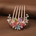 Exquisito peine de pelo de diamantes de imitación de oro rosa con cristales coloridos, ideal. - Flor Multicolor Súper Brillante