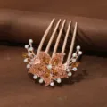 Peineta floral de diamantes de imitación en oro rosa, detalles de cristal elegantes. - Flor Champaña Súper Brillante