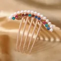 Pearl rhinestone gold hair insert comb for women elegant bun styling hair accessories. - White Pearl Colorful Rhinestone