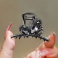 Elegant black crystal bow hair claw clip, sparkling rhinestones, secure hairpin for women. - Black With Black Rhinestone