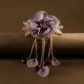 Retro fabric flower hair clip with elegant hanging chains and rhinestones for daily wear. - Purple