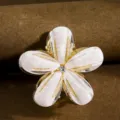 Mini 5-petal flower hair claw clip for girls, white resin design with center rhinestone. - White