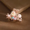 Rose gold floral hair claw clip, small size hair accessory with pearls and enamel leaves. - Gold