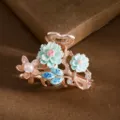 Korean rhinestone hair claw clip small floral hair catch for women elegant daily wear accessory - Mint Green and Pink