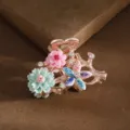 Korean style crystal hair claw clip with colorful flower enamel decor for women elegant daily wear. - Mint Green Pink