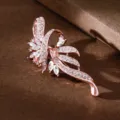 Elegant rose gold rhinestone brooch for women, luxury crystal leaf design coat pin accessory. - Rose Gold White