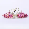 Double swan crystal hair clip, pink rhinestone gold hairpin for women elegant hair accessories. - Rose Red