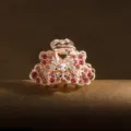 Mini rhinestone hair claw clip, rose gold metal floral hair accessory for bangs and styling. - Pink