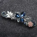 Vintage rhinestone spring hair clip with blue crystals and pink rose elegant barrette - FJ029 / Blue