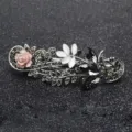 Vintage rhinestone hair clip with pink rose and black crystals in silver finish. - FJ030 / Gray