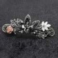 Vintage rhinestone hair clip with grey crystals and pink rose, elegant spring barrette for women. - FJ031 / Gray