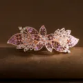 Korean style large rhinestone hair clip spring clip in rose gold with purple and white crystals. - Flower / Purple