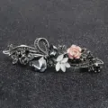 Vintage rhinestone hair clip, elegant floral spring barrette with pink rose and crystal design. - FJ032 / Gray