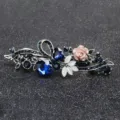 Vintage rhinestone spring hair barrette with blue crystals and floral design for women. - FJ032 / Blue